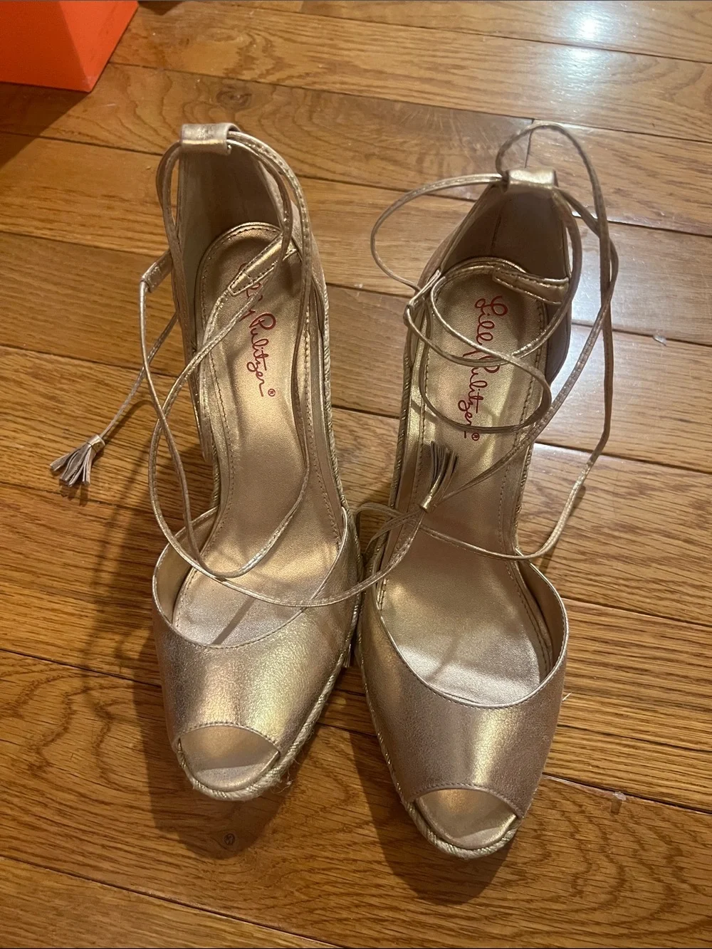 Lilly Pulitzer Metallic Gold Espadrille Wedge Sandals with Ankle Ties